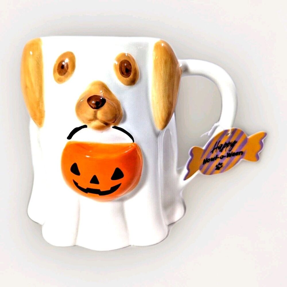 Ghost Dog Costume Jack-o'-lantern Pumpkin Treat Bag Halloween White Tan Gift NEW